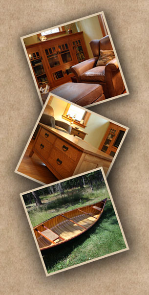 Custom Chair, handmade cabinet, and wood canoe